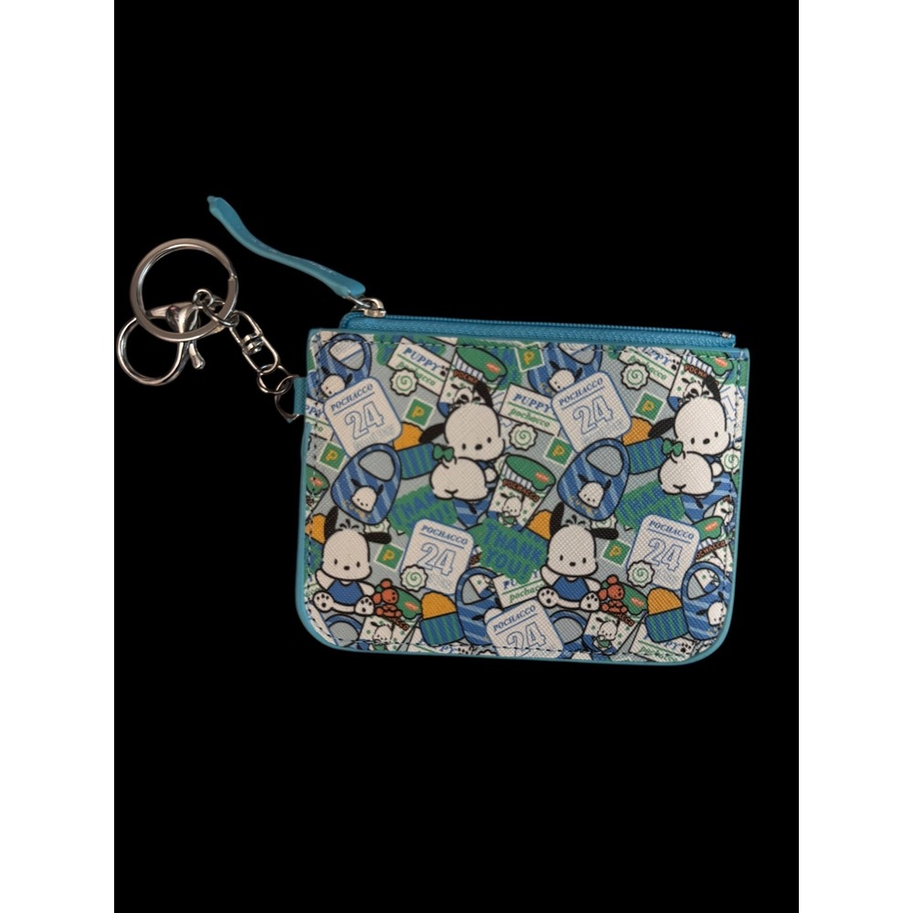 Sanrio Pochacco ID Holder Coin Purse Keychain Blue Faux Leather Wallet Card Case